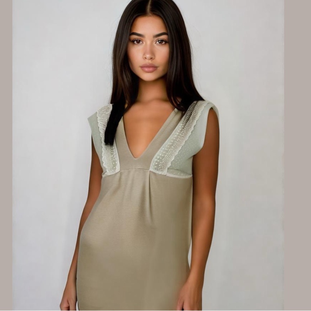 Paul & Joe Sister Rendezvous Tan Deep V Lace Trim Ramie Blend Knit Dress Size L